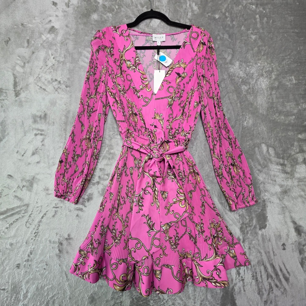 Milly Pink Baroque Chain Print Pleated Mini Dress Long Sleeve V-Neck Size 8 NWT